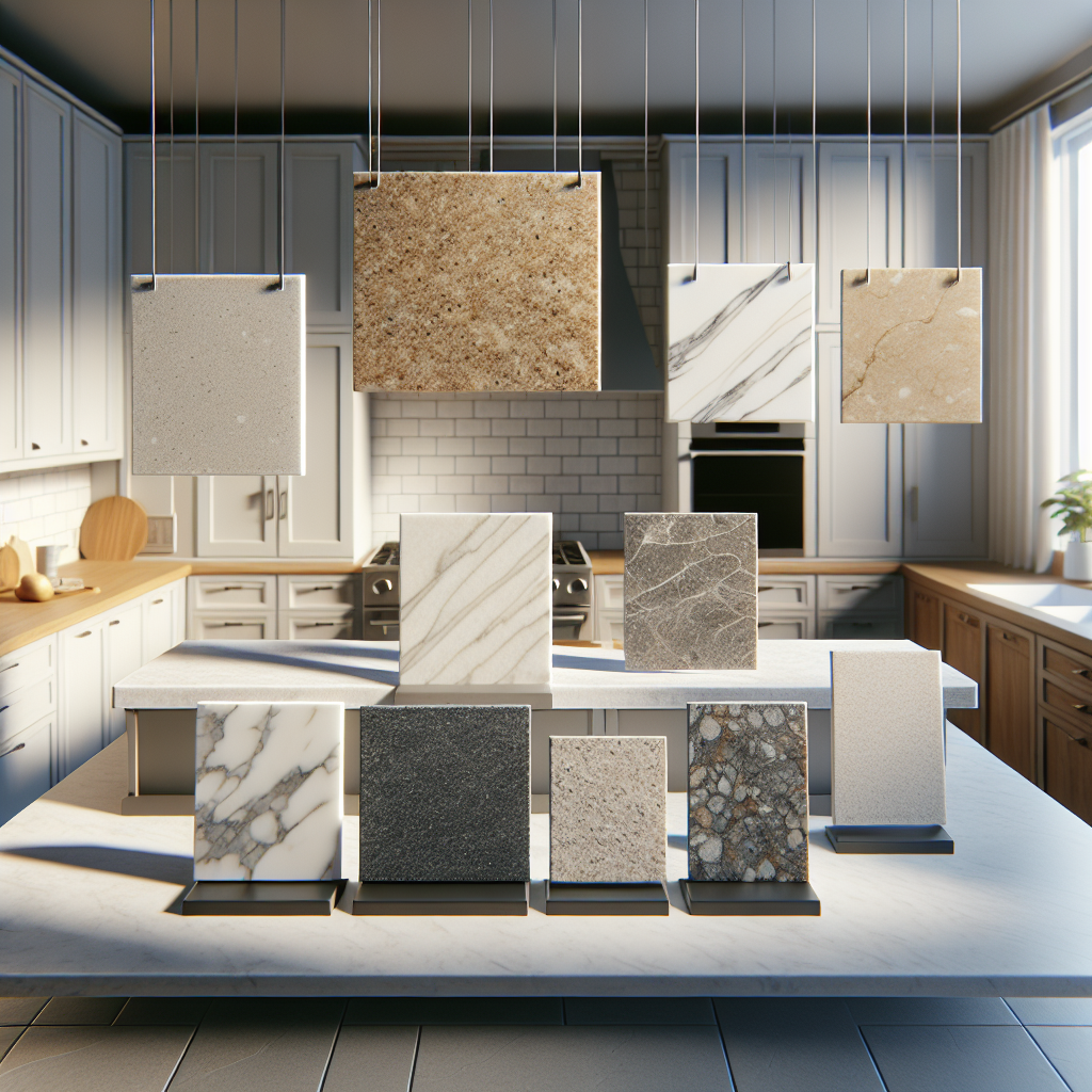 Comparison of kitchen countertop materials: quartz, granite, marble, and laminate.