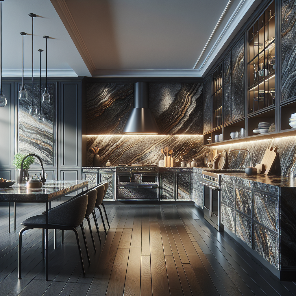 Luxurious kitchen with granite countertops showcasing unique patterns and rich colors.