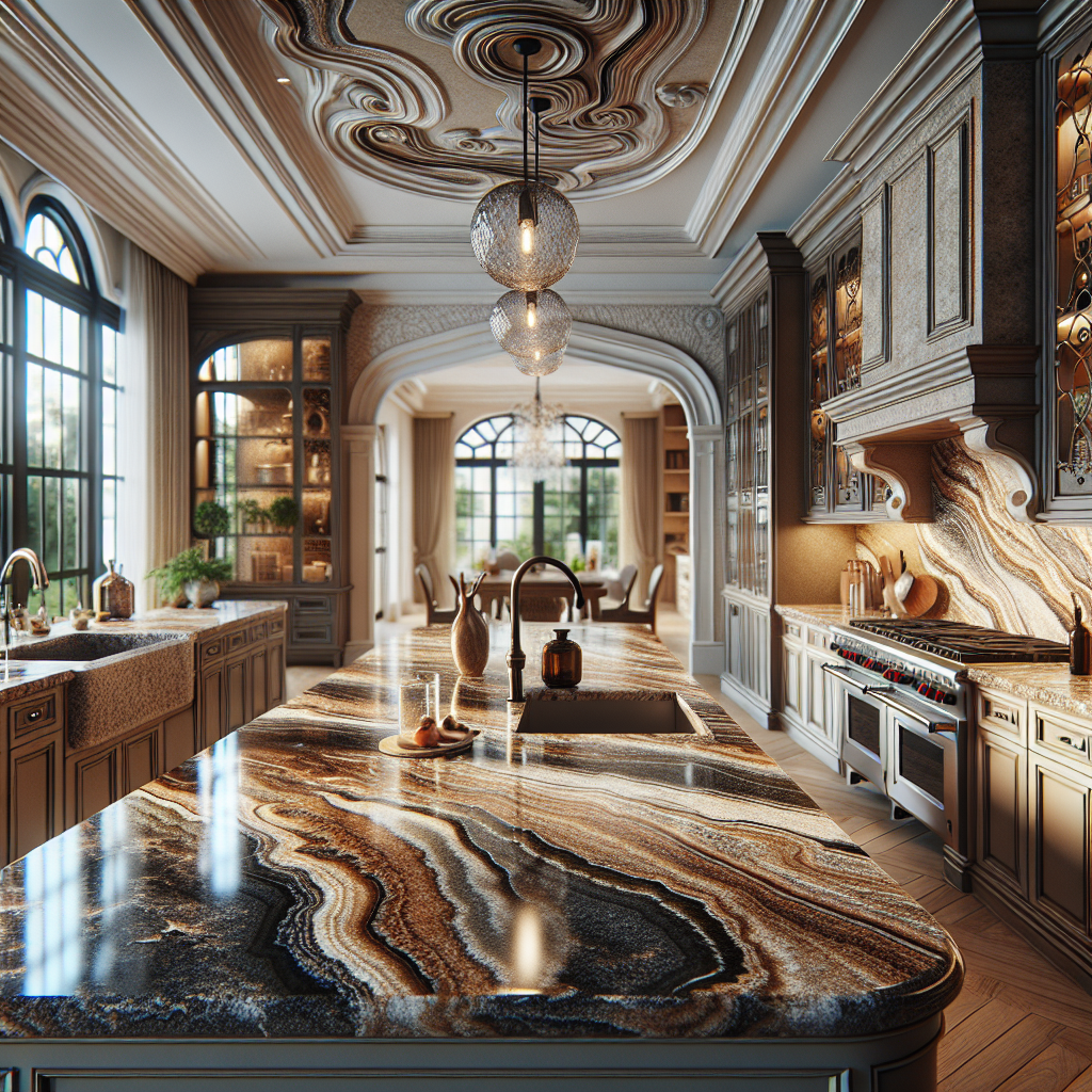 A luxurious kitchen with an elegant granite countertop showcasing rich colors and intricate patterns in a realistic style.