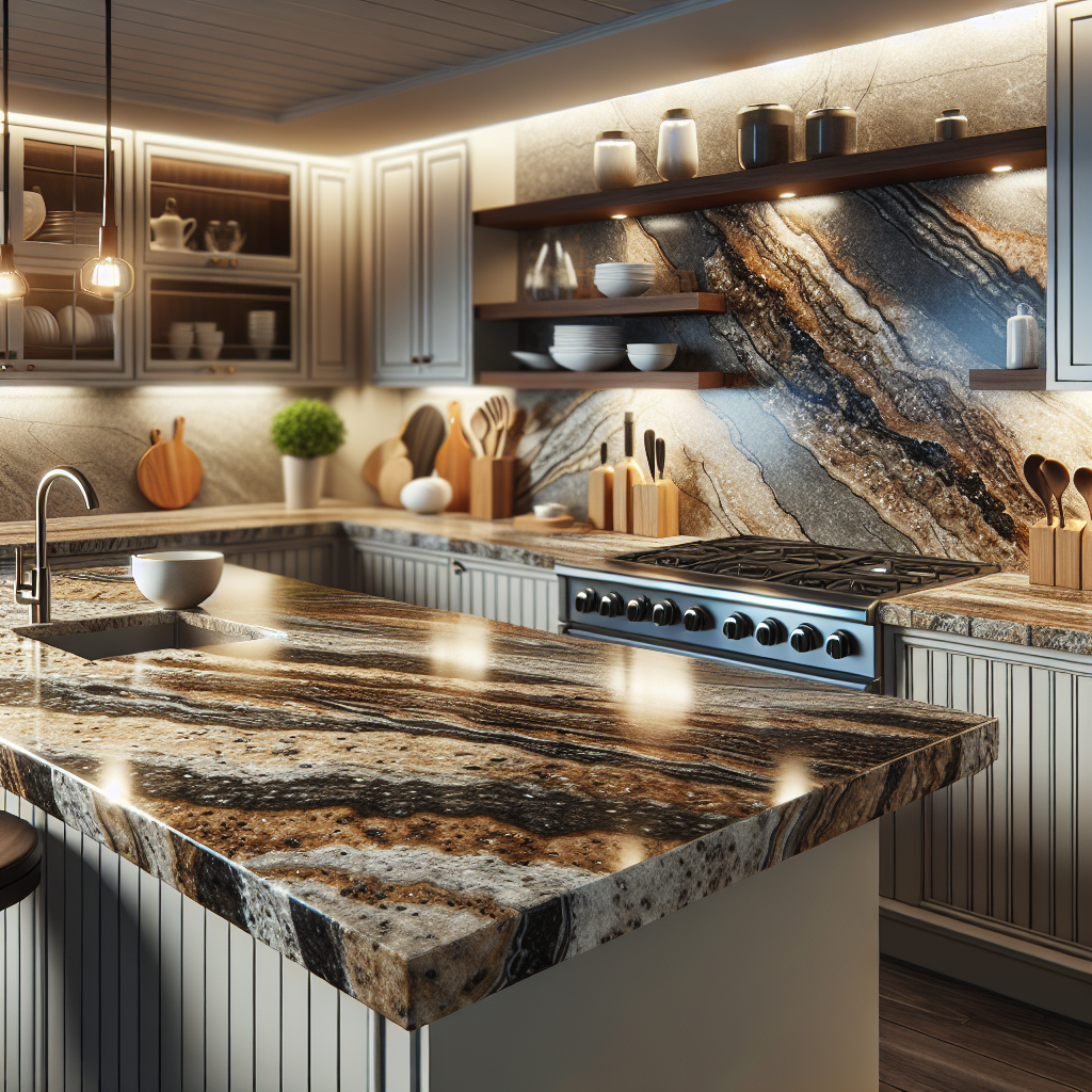 A granite countertop in a modern kitchen, showcasing its unique patterns and rich colors.