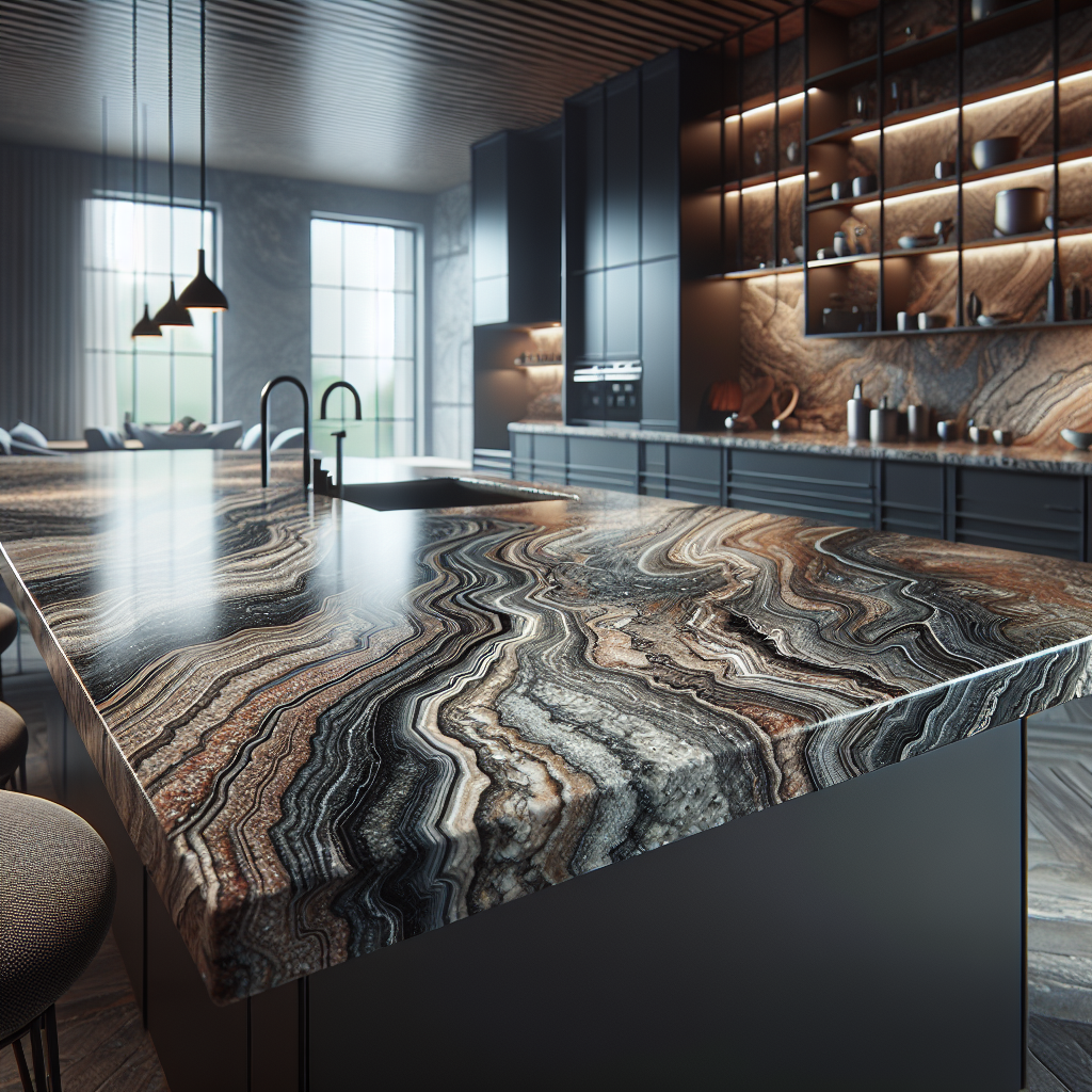 Close-up of a granite countertop with intricate patterns and rich color variations in a modern kitchen setting.