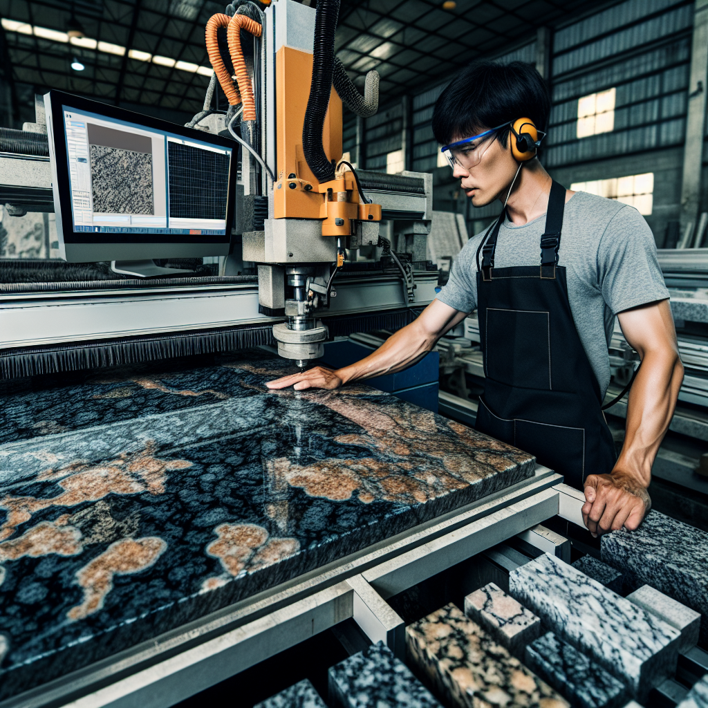 A granite fabricator's workshop with a skilled worker and high-tech equipment.