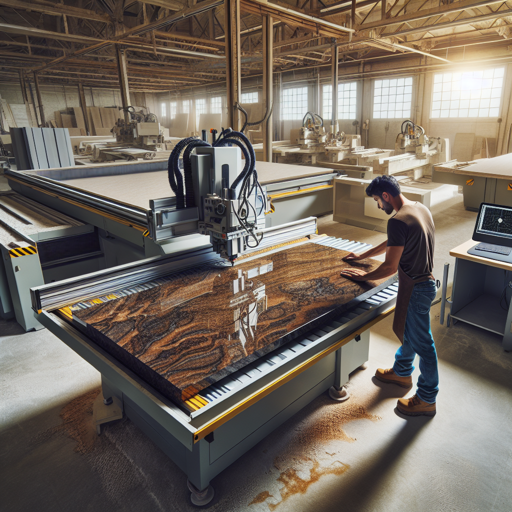 A skilled fabricator in a workshop with granite slab and advanced machinery.