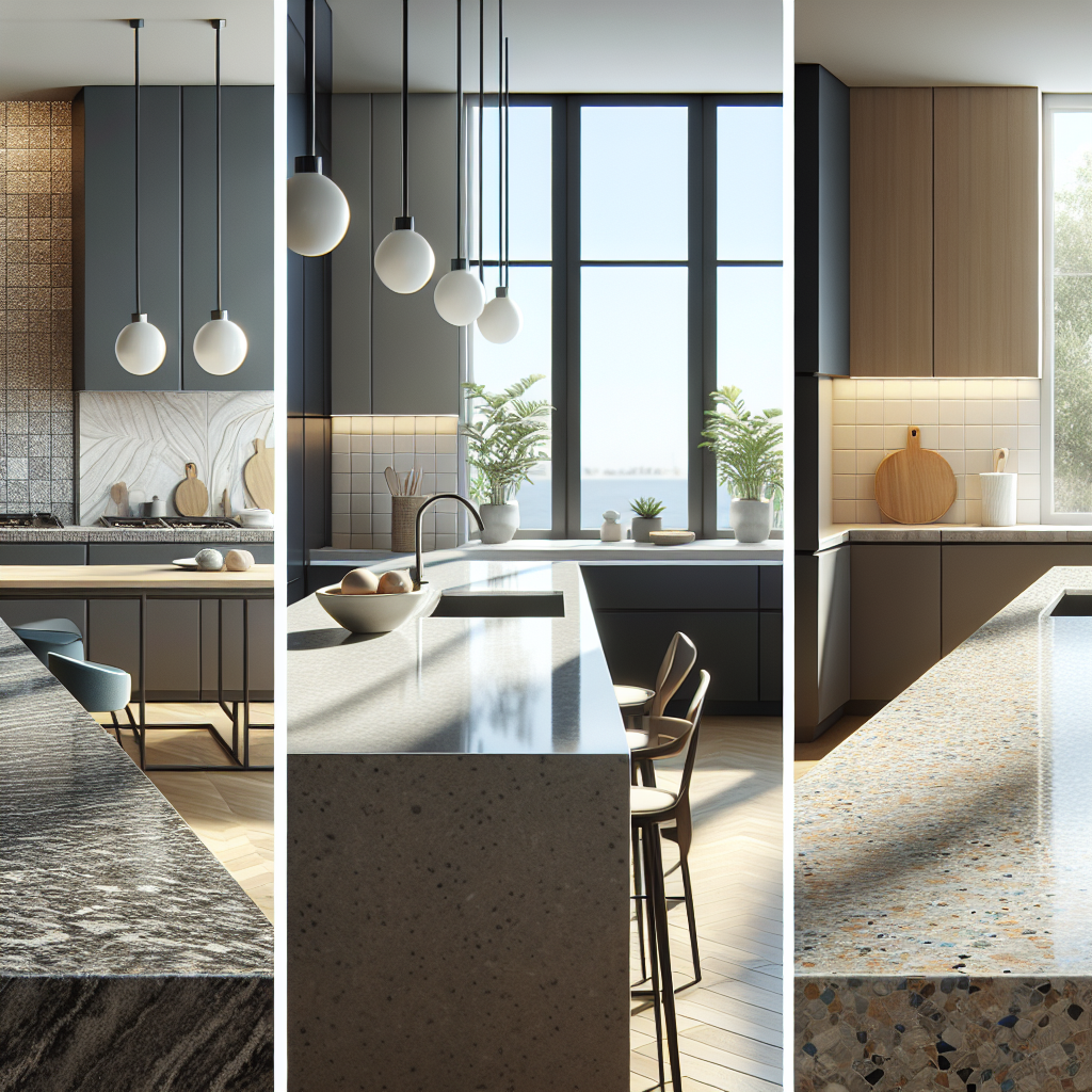 Realistic depiction of durable kitchen countertops: granite, quartz, and porcelain, showcasing their strengths and unique patterns in a modern kitchen setting.