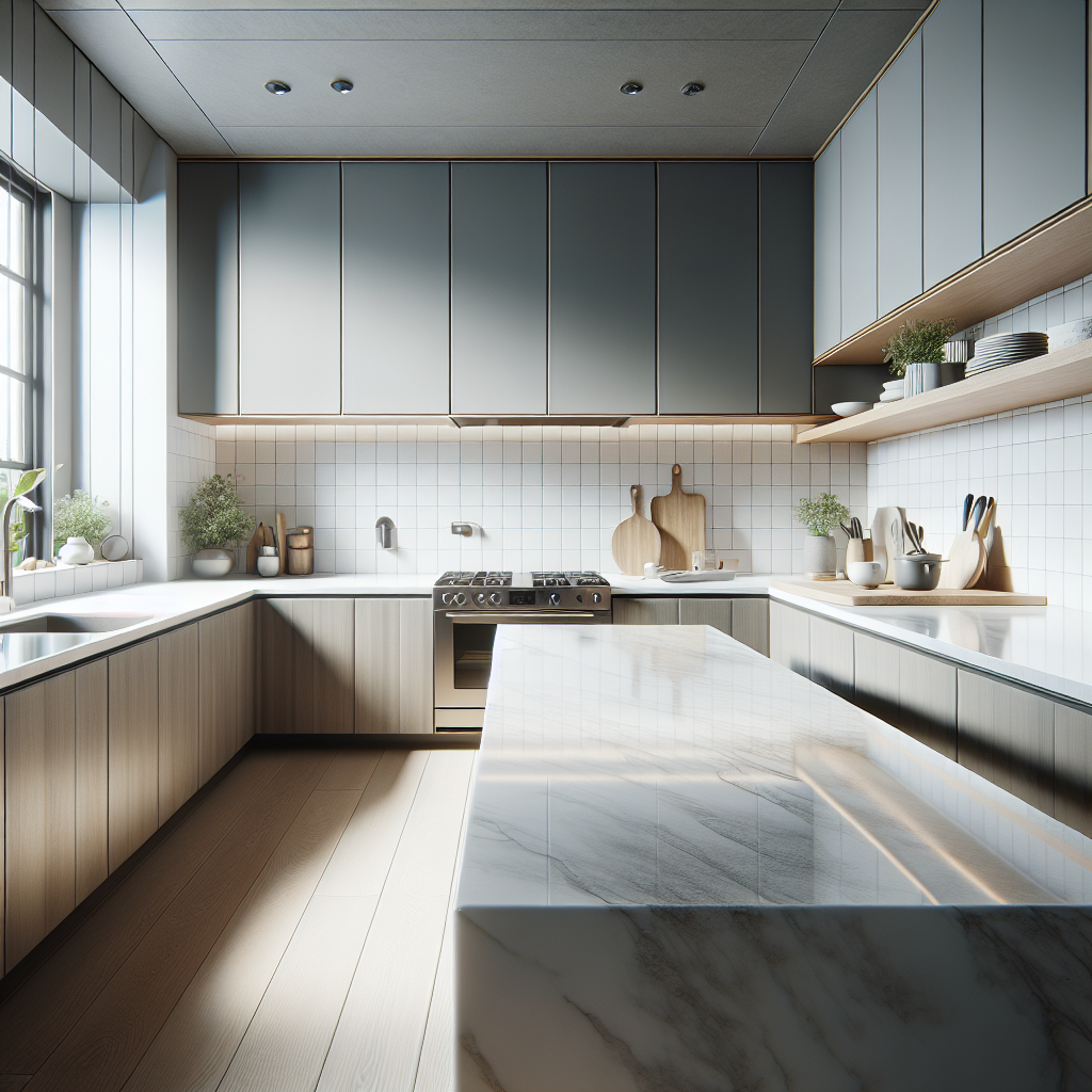 A realistic depiction of a porcelain kitchen countertop showcasing its smooth, non-porous surface and even color.