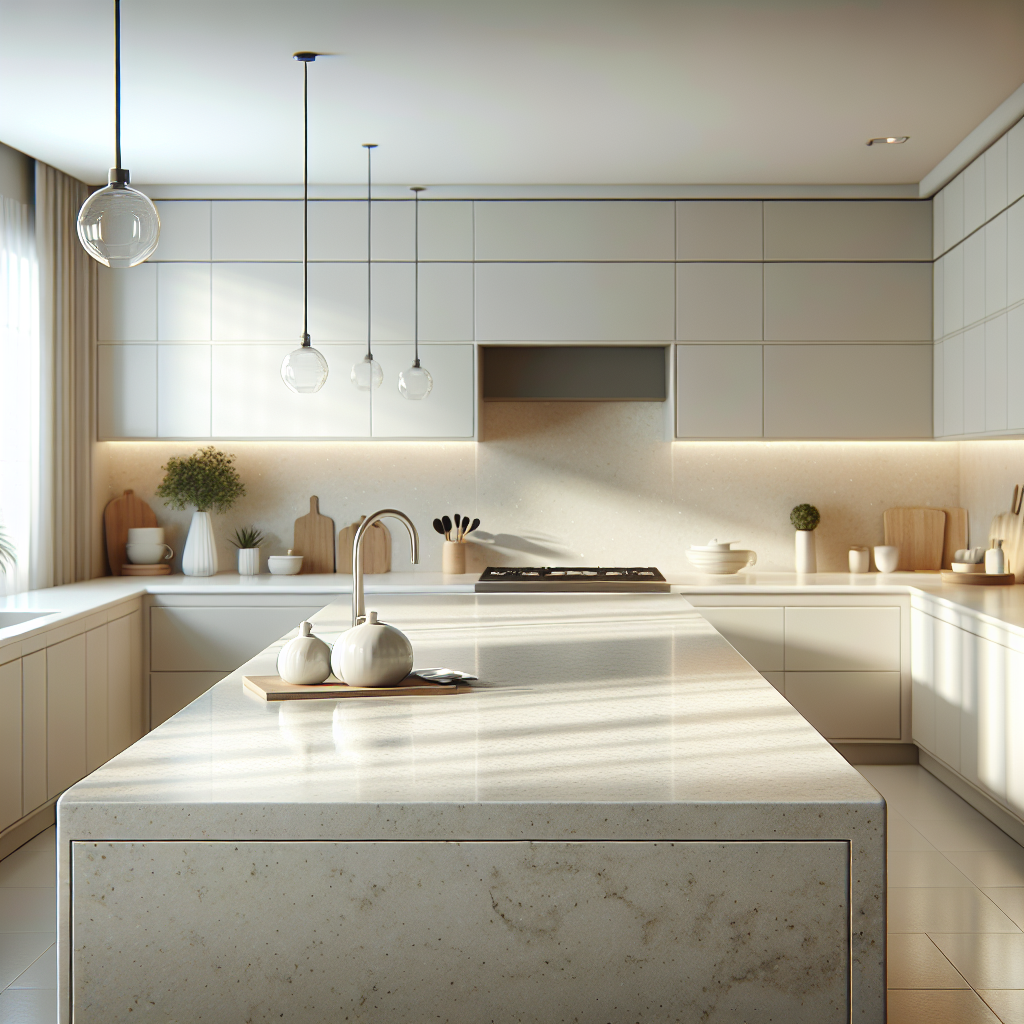 Realistic image of a porcelain kitchen countertop with a smooth, non-porous surface, emphasizing its durability and modern design.