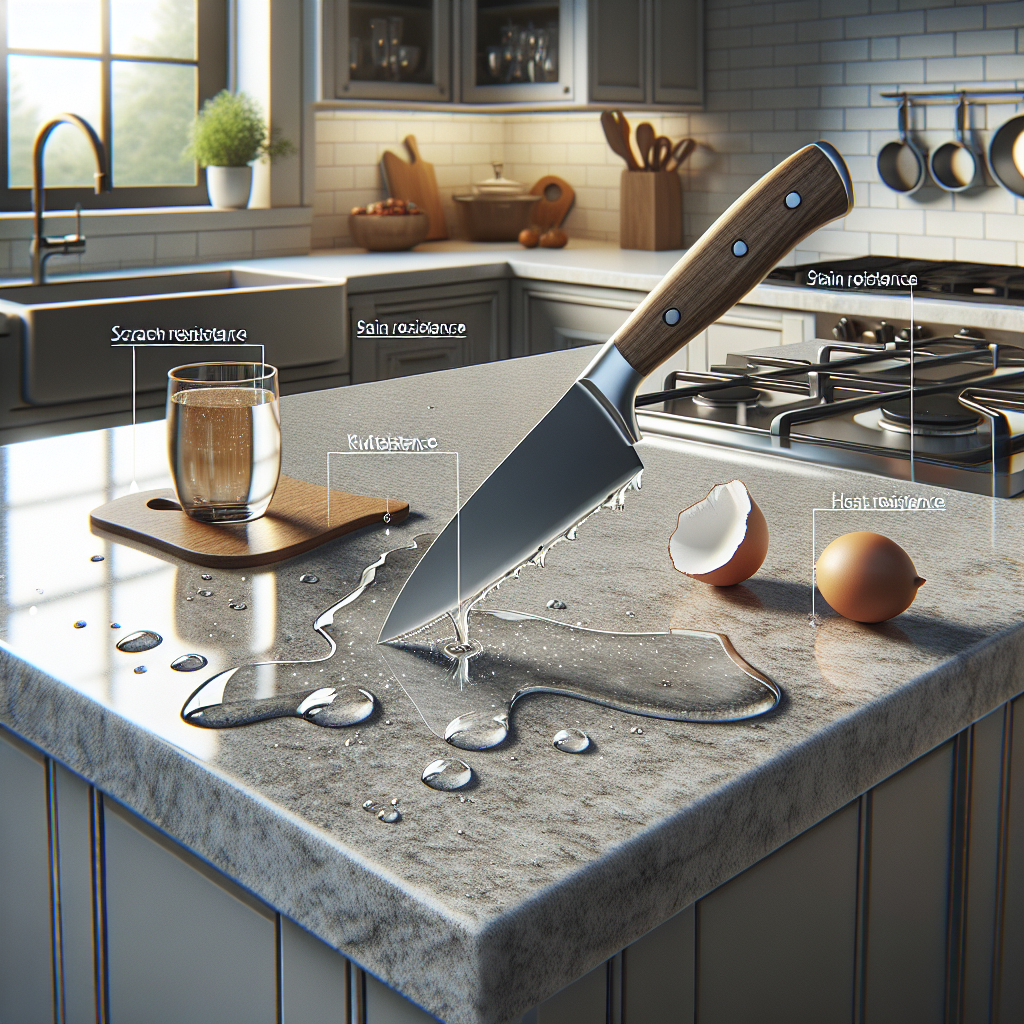 Realistic depiction of durable countertops highlighting scratch, stain, heat resistance features.