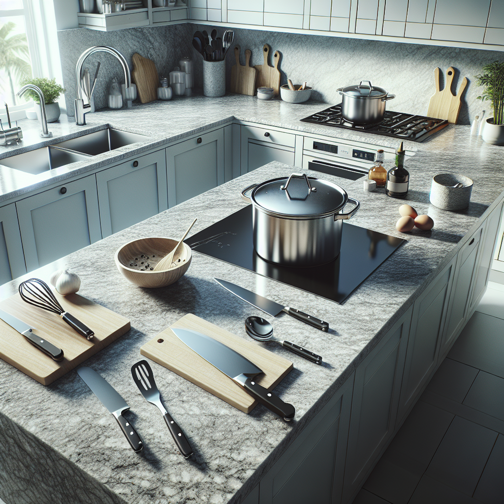 A modern kitchen countertop demonstrating durability with features like scratch, stain, and heat resistance.