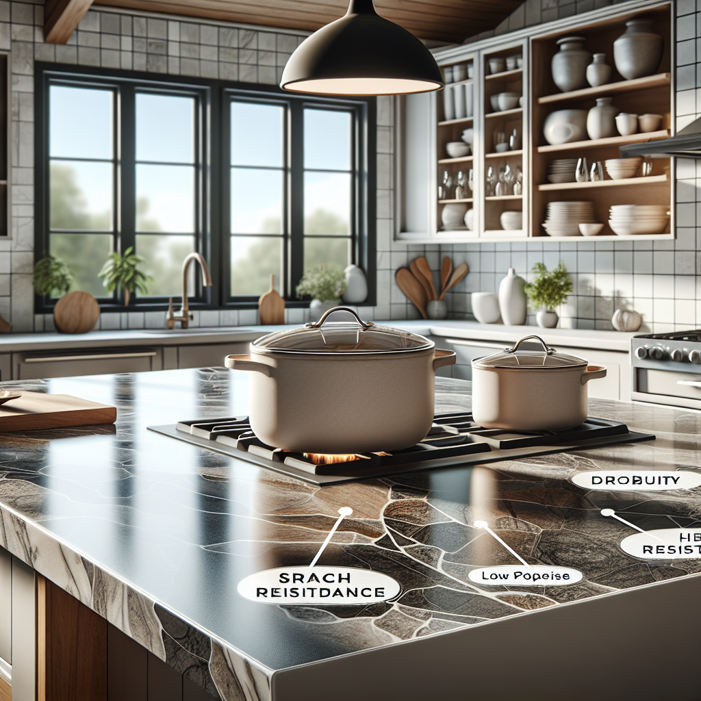 Modern kitchen showcasing durable porcelain countertops with hot pots and design versatility.