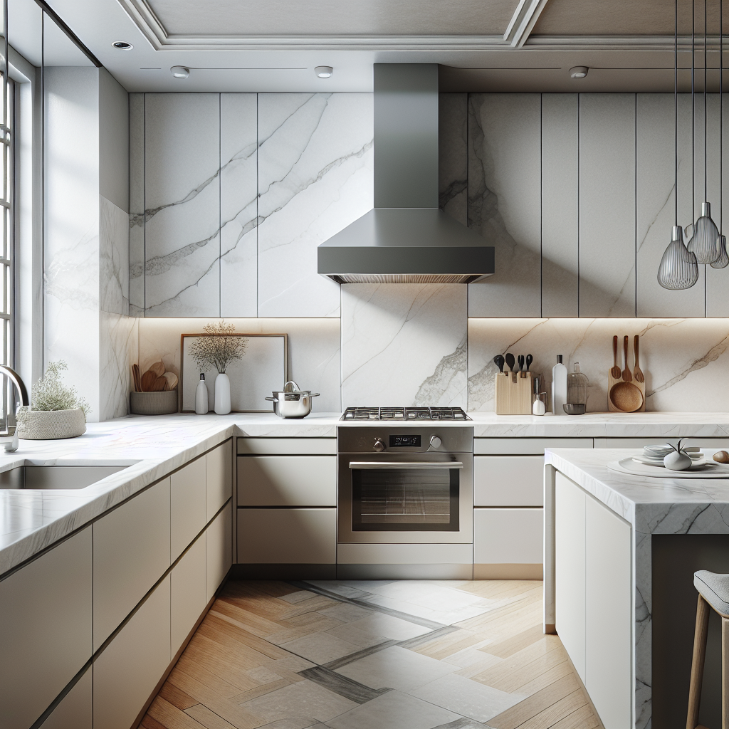 Modern kitchen with porcelain countertops in a realistic style.