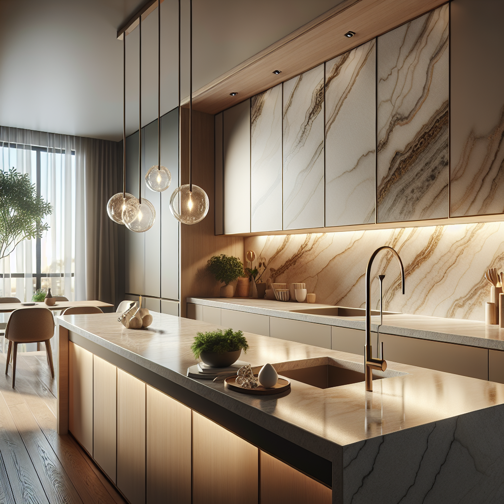 Modern kitchen countertop with man-made materials, showcasing quartz and porcelain.