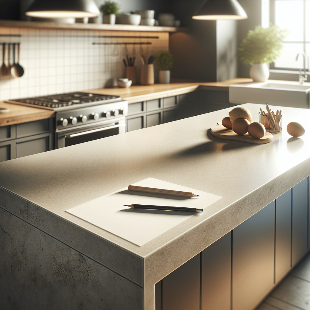 A modern kitchen counter with a sleek porcelain countertop, showcasing its refined color and polished texture.