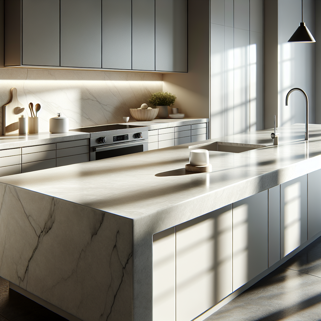 A modern kitchen countertop made from man-made materials like quartz and porcelain.