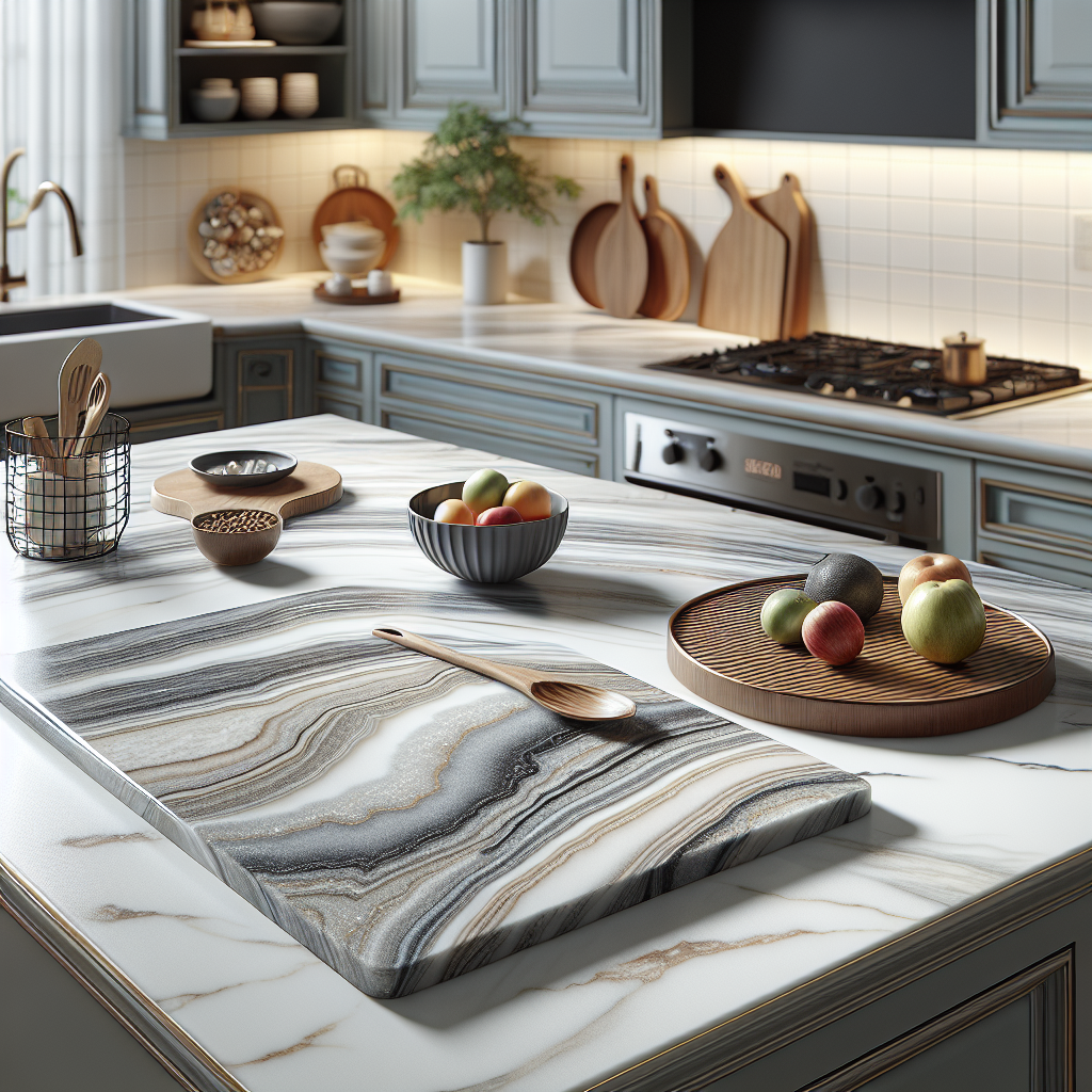 A realistic kitchen countertop made of man-made materials, featuring a smooth, polished surface with subtle marbling.