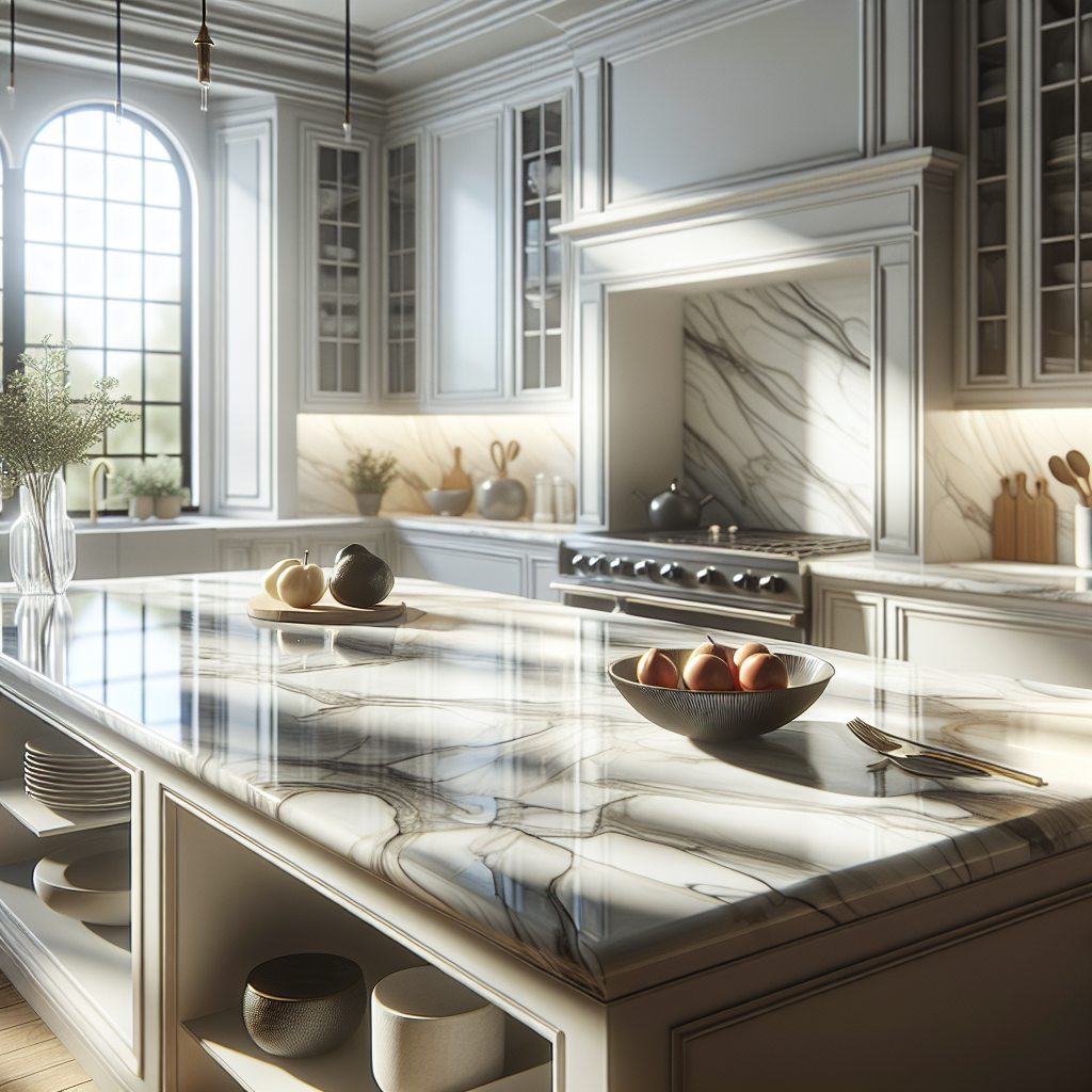 A realistic porcelain kitchen countertop, showcasing durability and elegant design patterns.