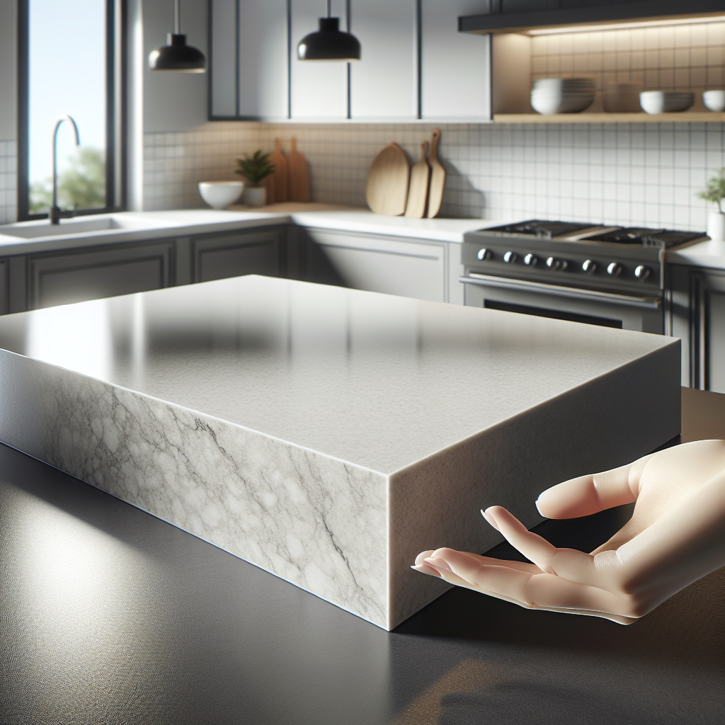 A modern kitchen showcasing a flawless porcelain countertop with a smooth, natural texture.