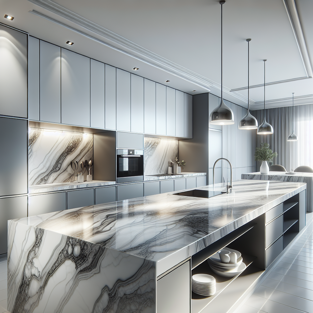 Modern kitchen with a sleek porcelain countertop.