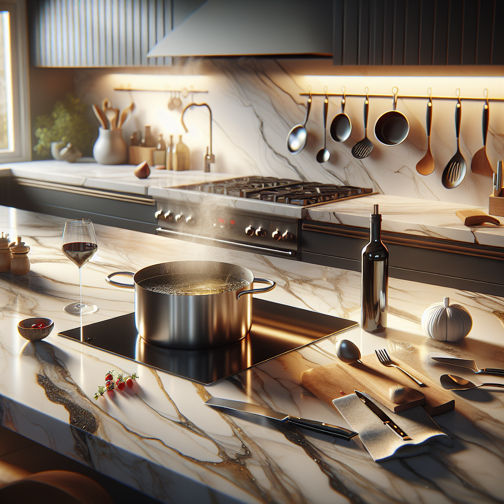 A modern kitchen with a sleek quartz countertop demonstrating its durability features.