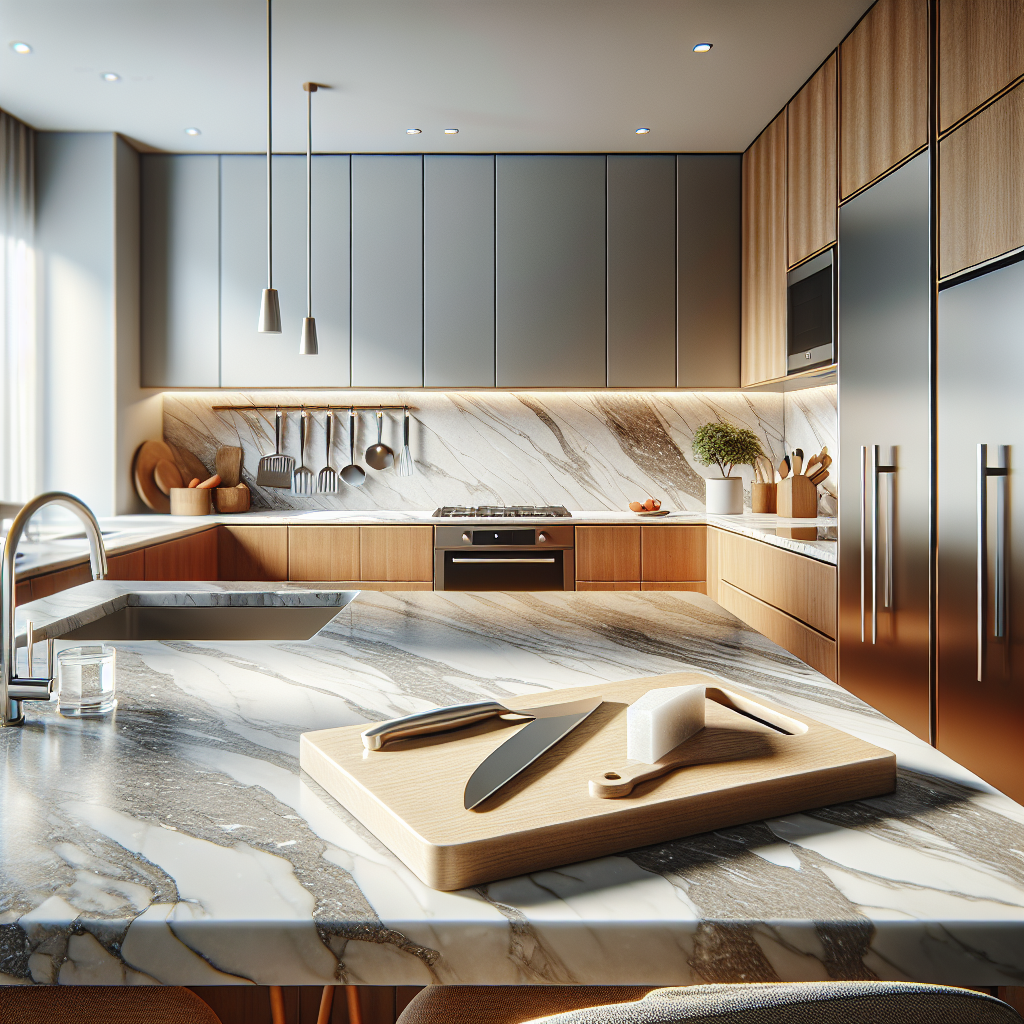 A modern kitchen with polished quartz countertops, emphasizing durability and elegance.