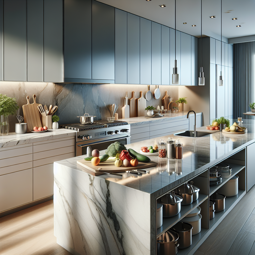 A modern kitchen showcasing elegant quartz countertops with kitchen utensils.