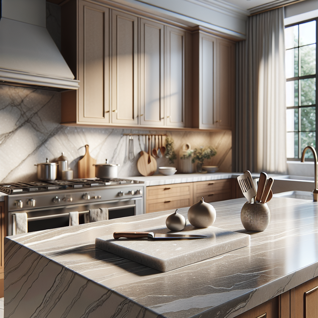 A luxurious kitchen with light gray quartz countertops and wooden cabinetry.