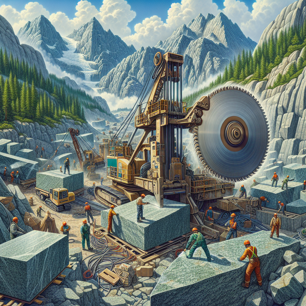 A granite quarry with workers extracting granite blocks using advanced machinery.