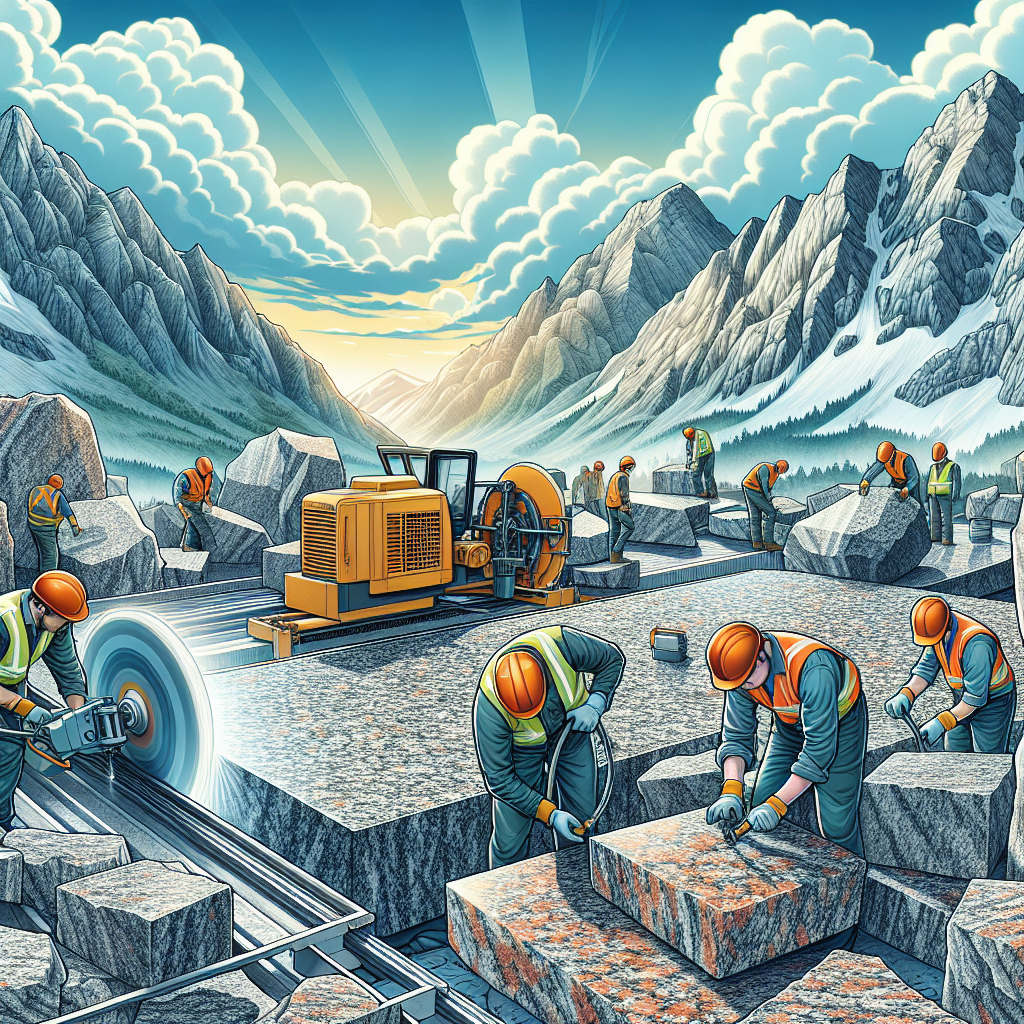 Workers quarrying granite in a mountainous landscape with cutting machinery.