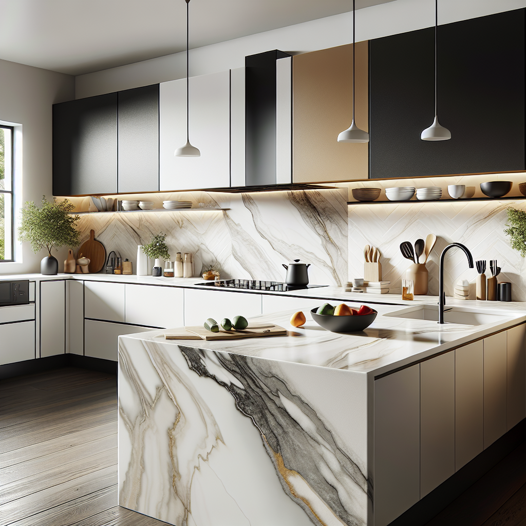 A stylish kitchen showcasing various porcelain countertop designs in multiple colors and finishes.