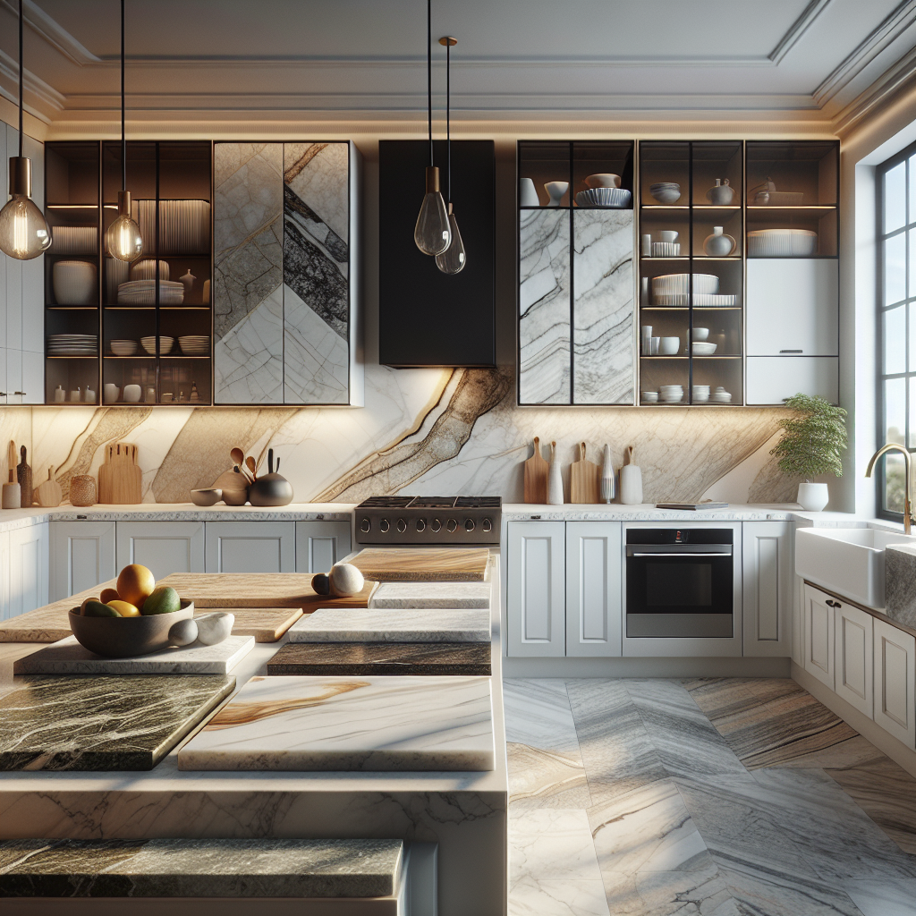 A stylish kitchen showcasing different porcelain countertops in various colors and styles.