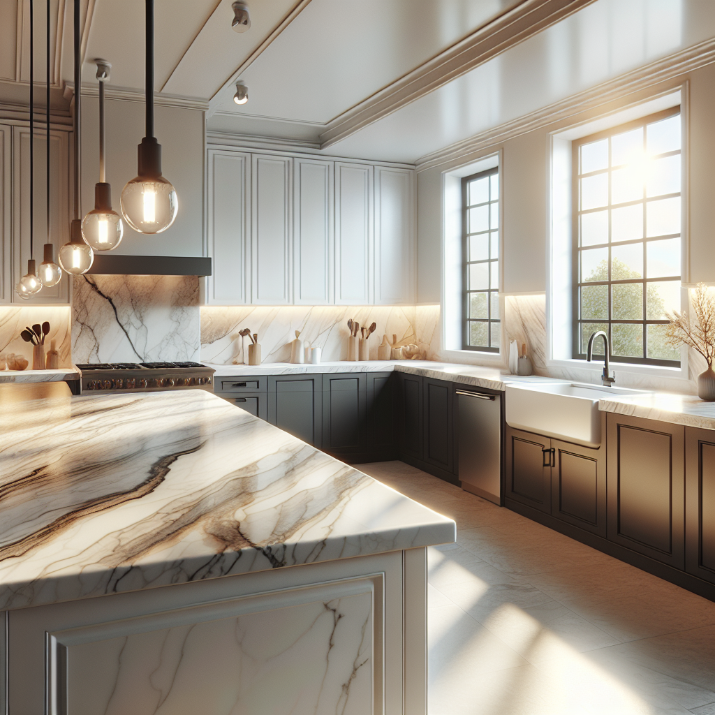 Various porcelain countertops in a modern kitchen, showcasing diverse colors and textures.