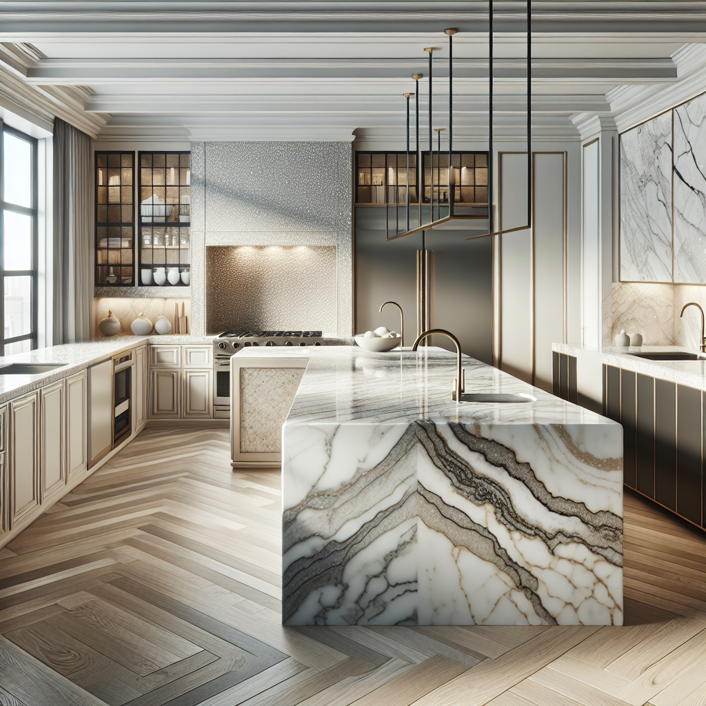 A modern kitchen displaying granite, quartz, porcelain, and marble countertops.