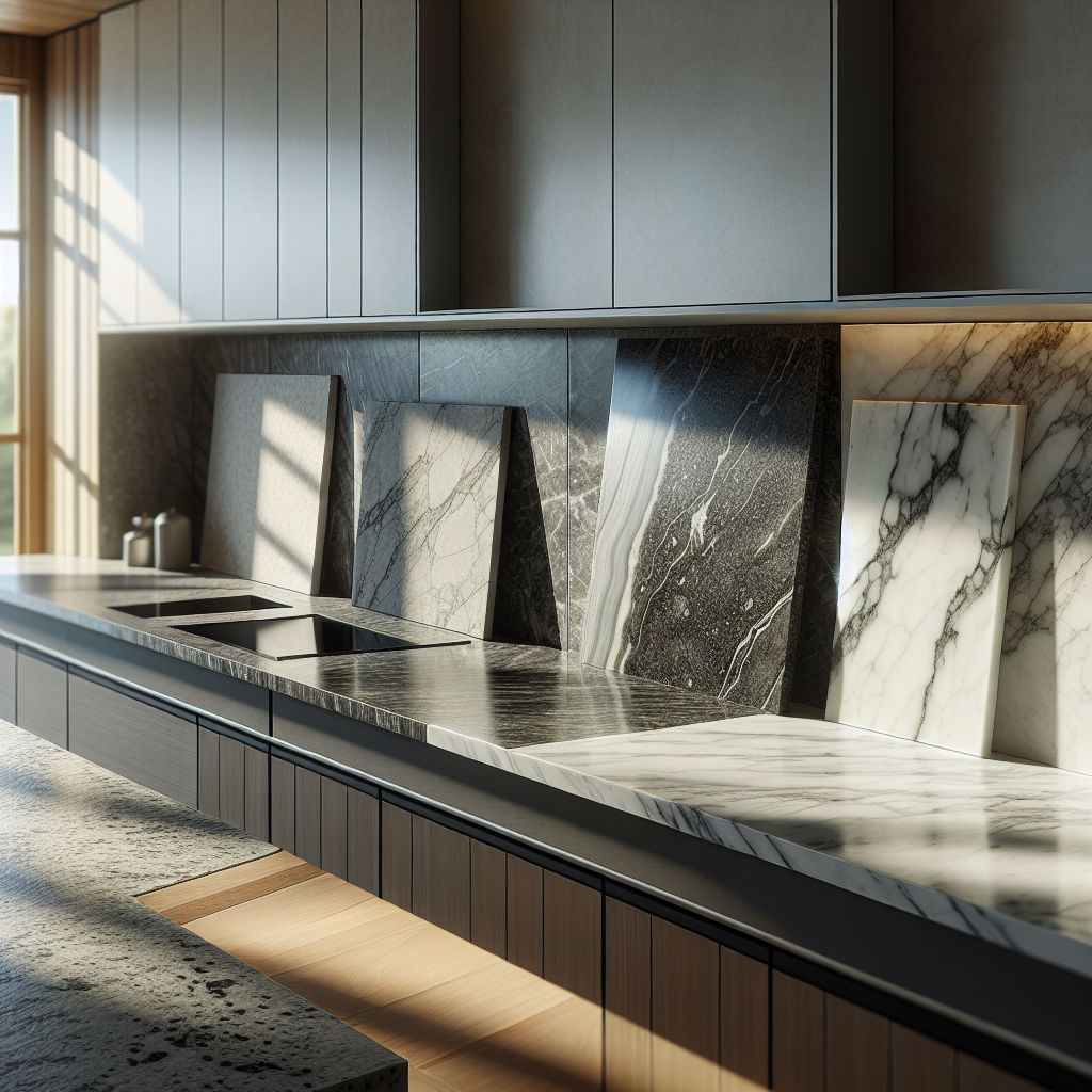 A display of four kitchen countertop materials: granite, quartz, porcelain, and marble.