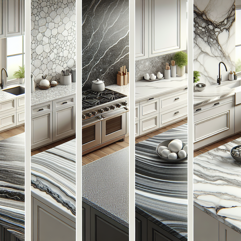 An illustration of four different kitchen countertop materials - granite, quartz, porcelain, and marble.