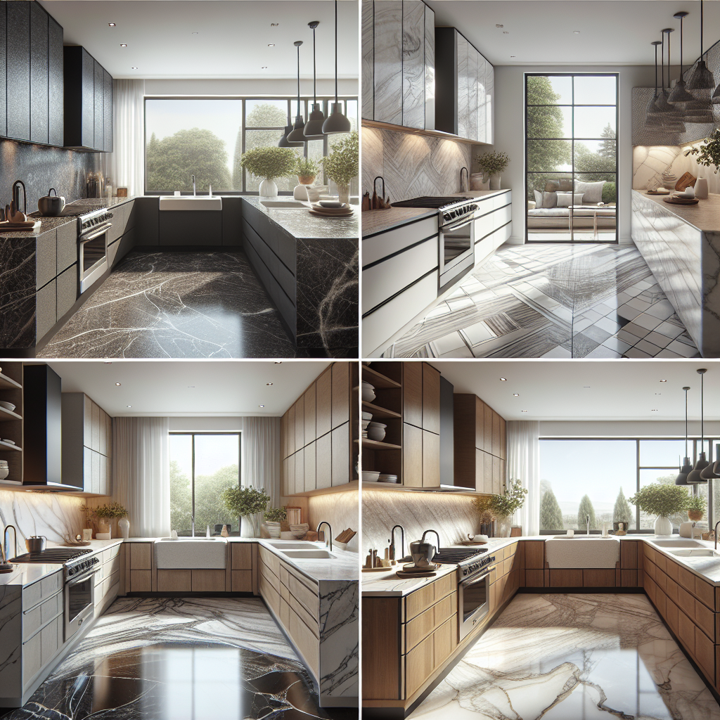 A modern kitchen displaying different types of countertops: granite, quartz, porcelain, and marble.