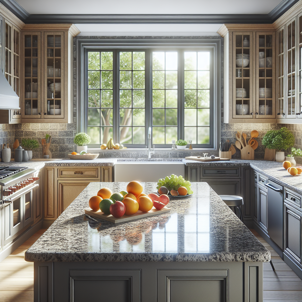 A granite countertop in a kitchen, showcasing its unique pattern with fruits on top.