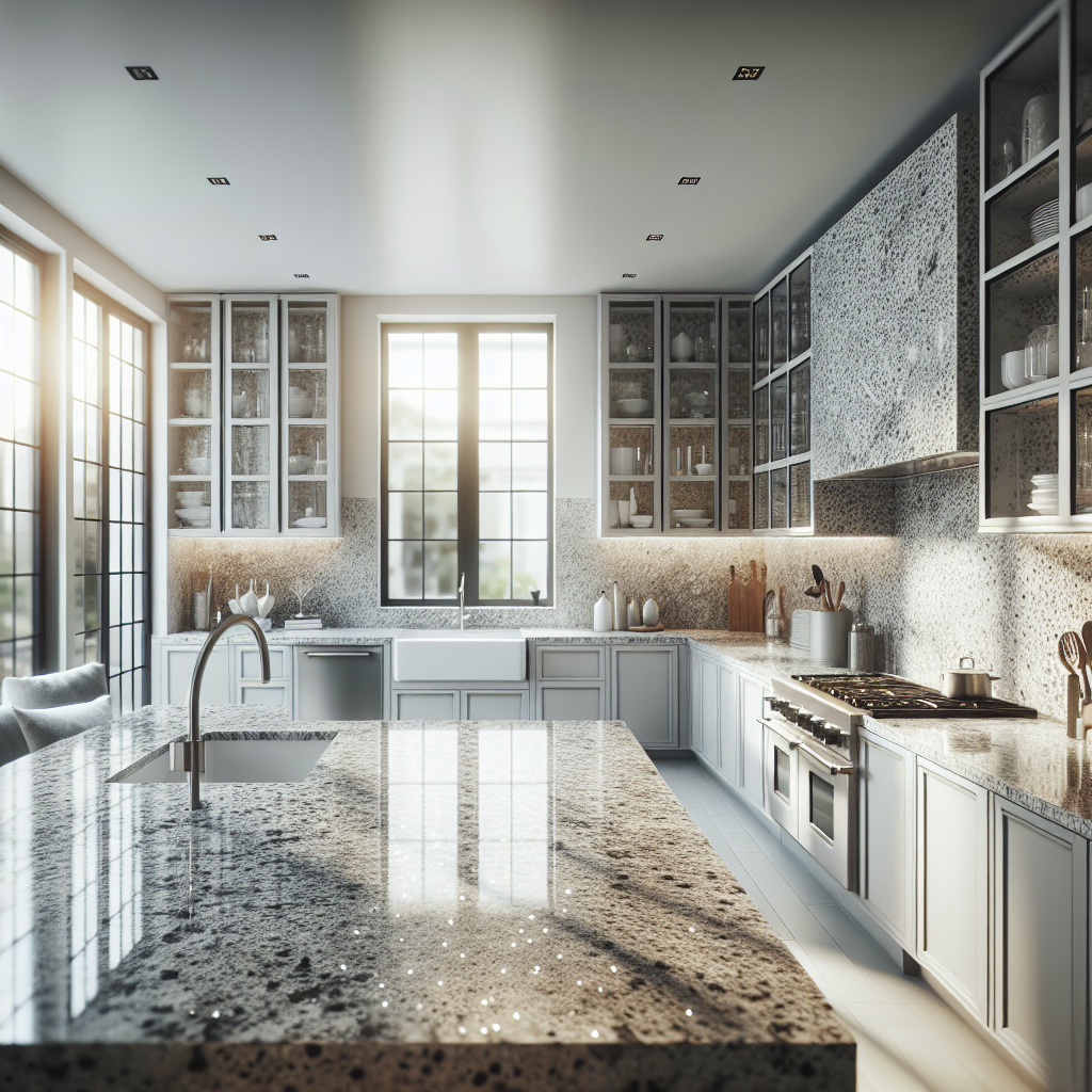 A modern kitchen with elegant granite countertops.