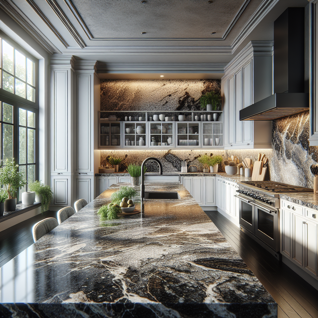 A modern kitchen with granite countertops and stainless steel appliances.