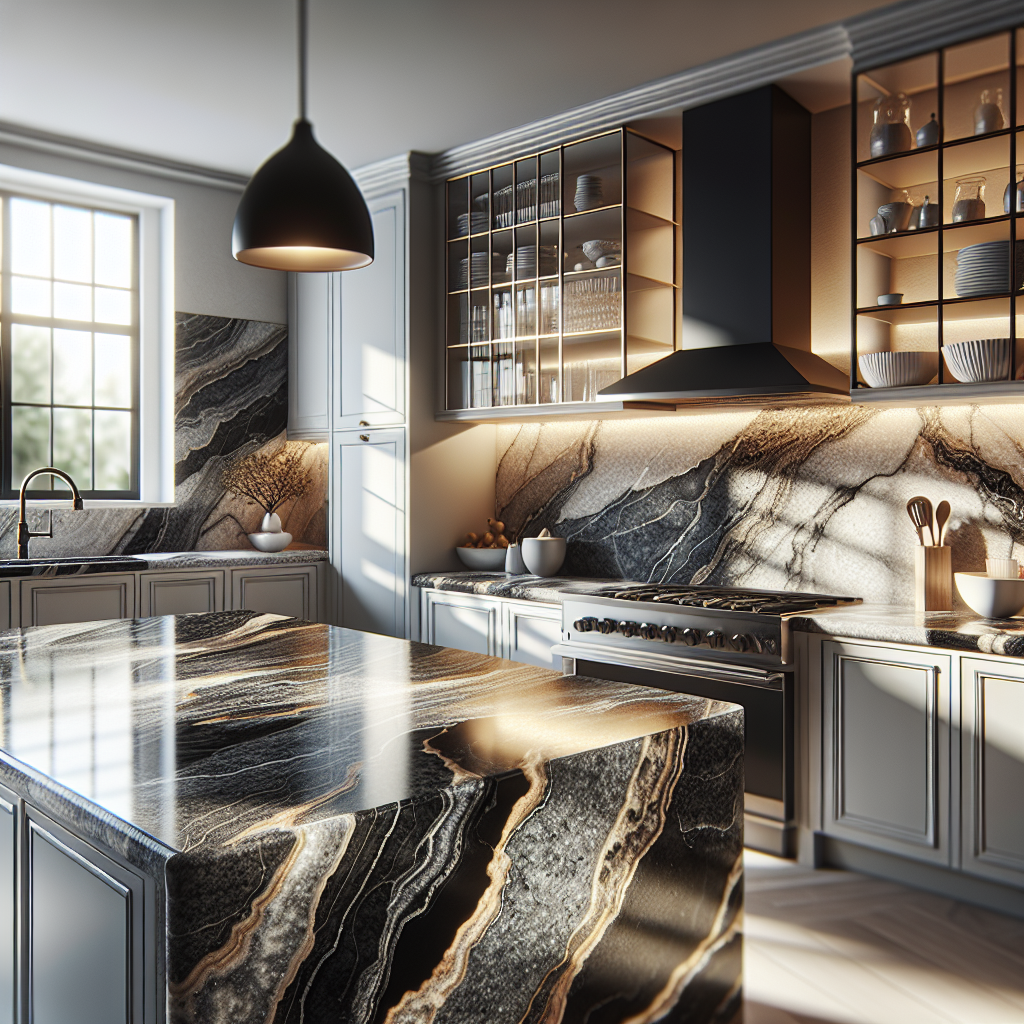 A modern kitchen with elegant granite countertops and warm lighting.