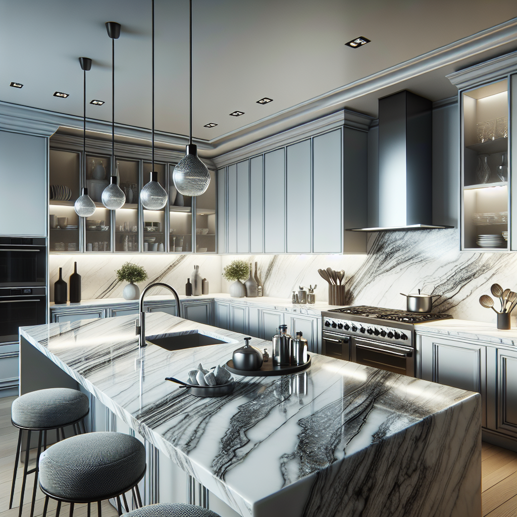 A high-end quartz kitchen countertop in a modern setting.