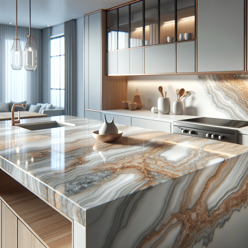 A realistic image of a quartz countertop in a modern kitchen setting.