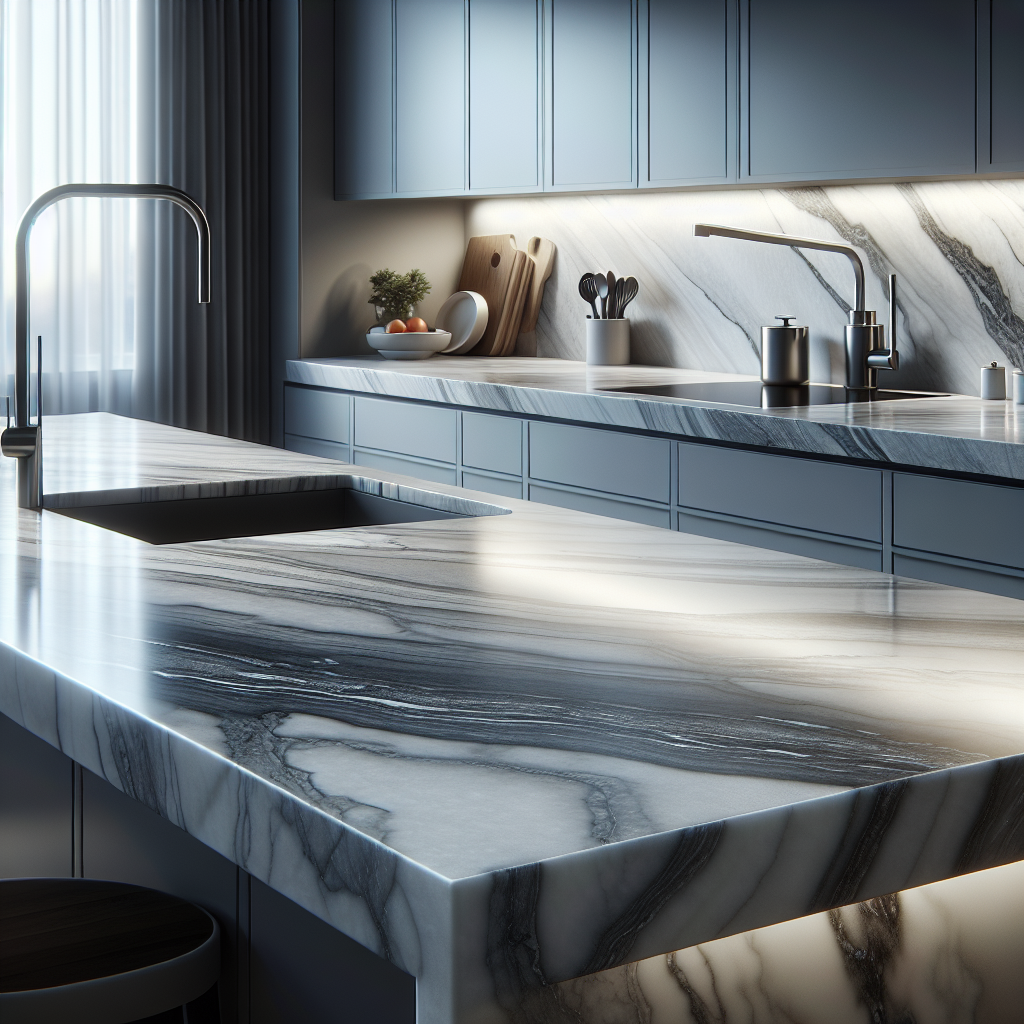 A realistic quartz kitchen countertop with natural patterns and a glossy finish.