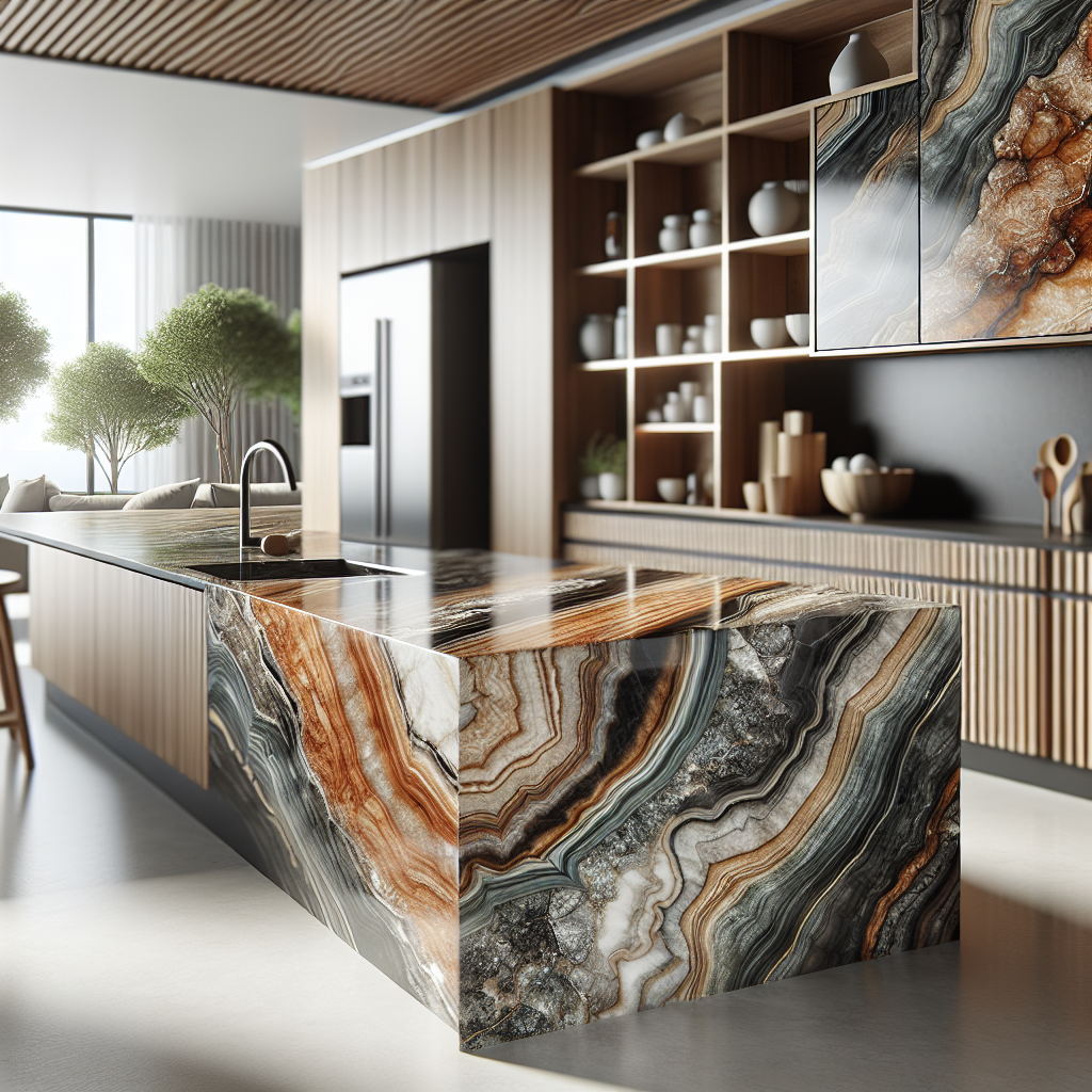 A realistic image of a quartz countertop in a modern kitchen setting.