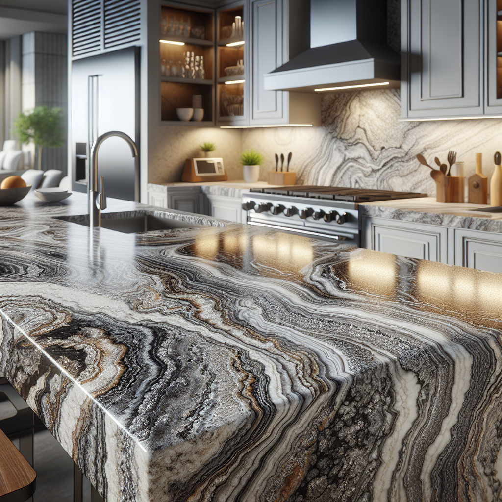 A realistic depiction of granite countertops with natural patterns and textures.