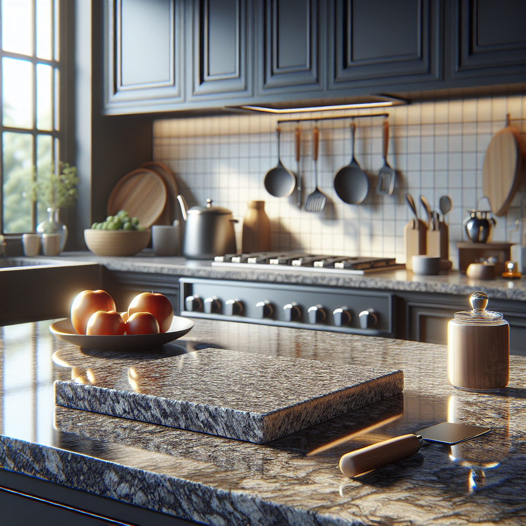 A realistic granite countertop in a modern kitchen setting.