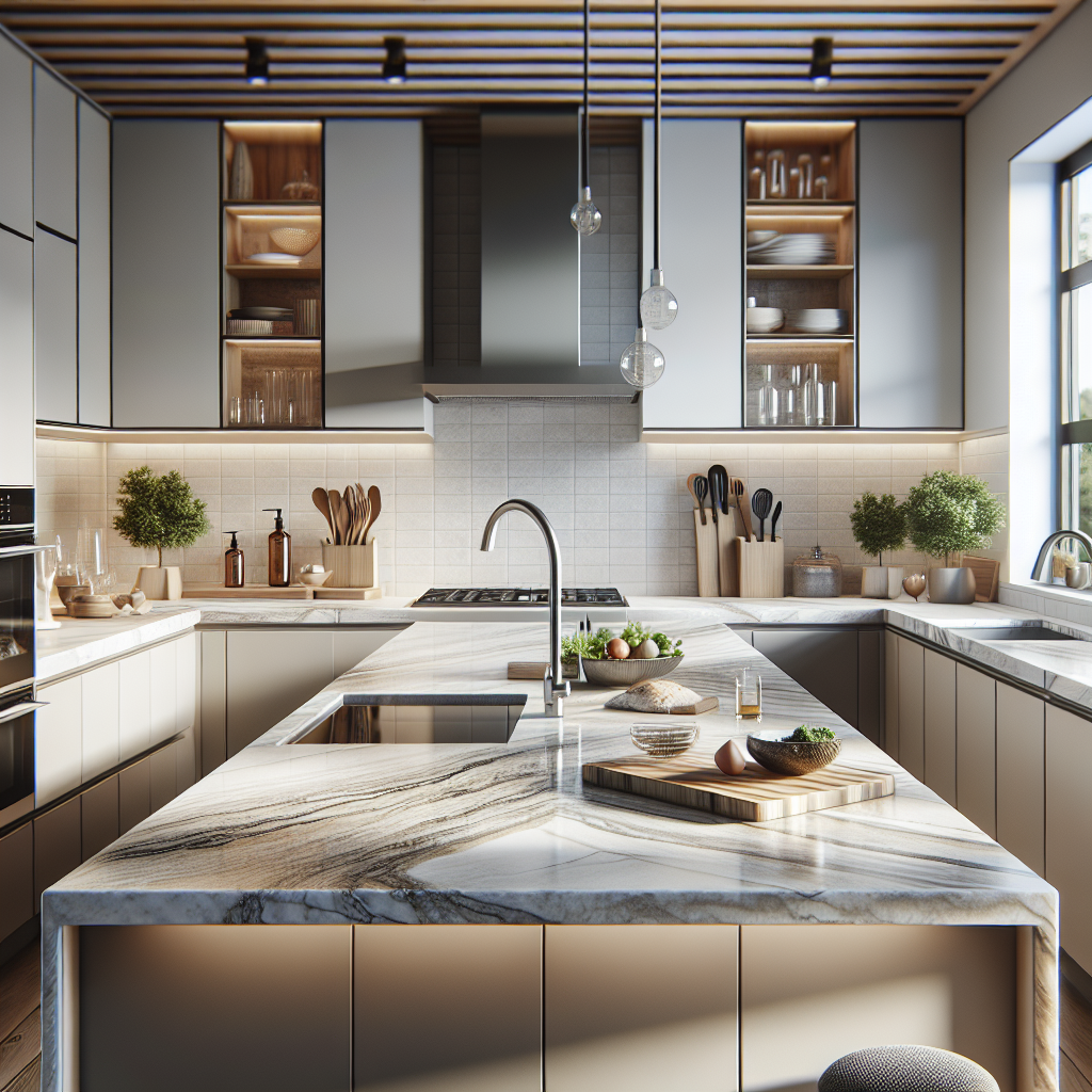 A modern kitchen with premium, polished countertops.