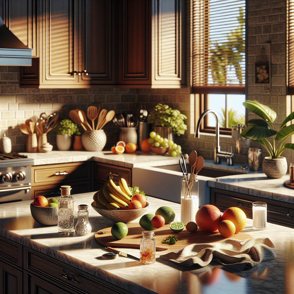 A realistic, well-lit kitchen countertop inspired by Pompano Beach with granite or marble finish, kitchen utensils, fruits, and small potted plants.