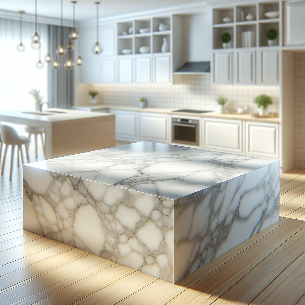 Realistic quartz countertop with smooth surface and subtle veining.