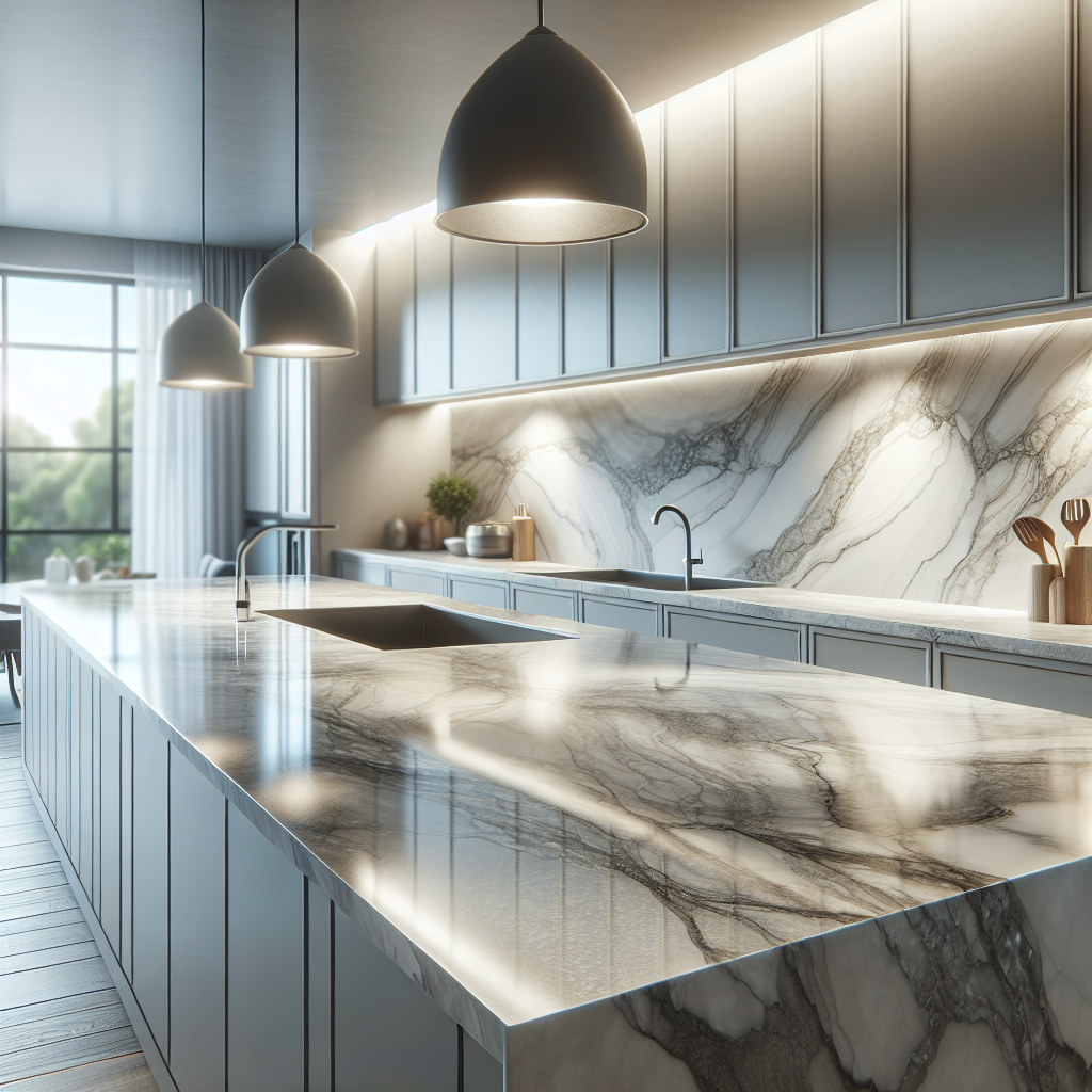 A realistic quartz countertop in a modern kitchen setting.