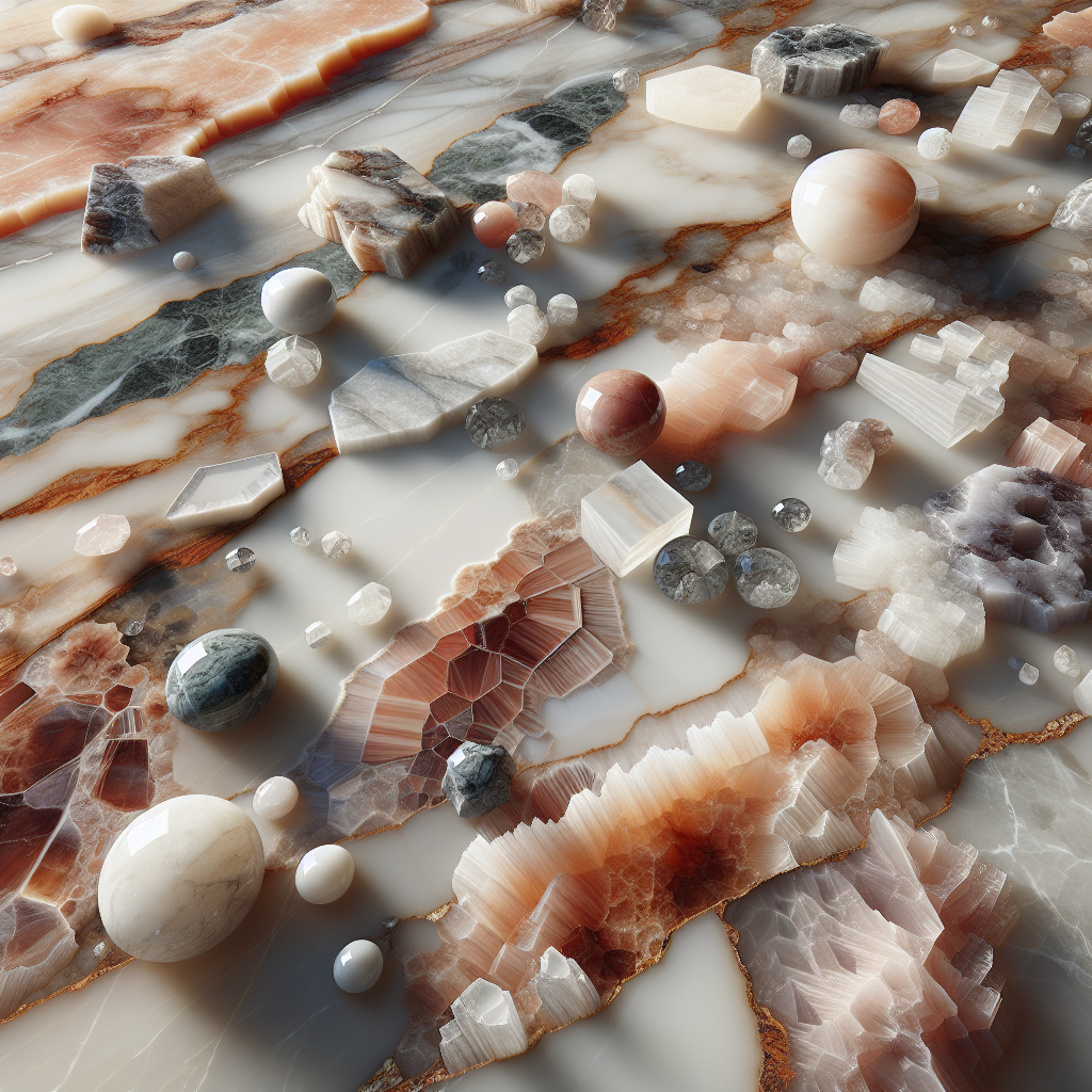 Close-up view of a realistic quartz countertop with detailed textures and patterns.