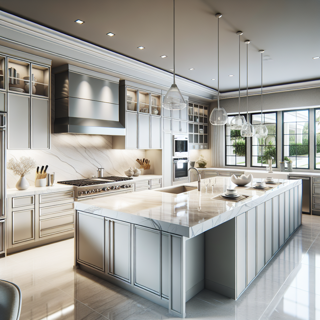 A realistic image of porcelain countertops in a modern kitchen with natural lighting.